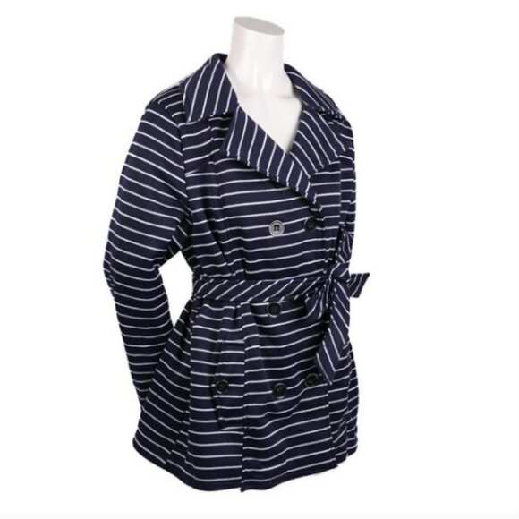 Sabrina Lauren Fleece Lined Jacket Striped Peacoat Double Breasted Navy White - Picture 2 of 5
